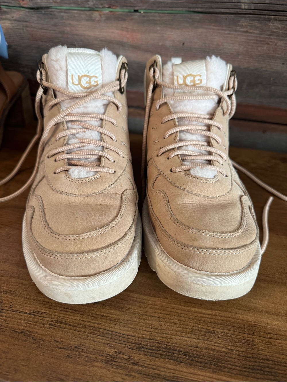 UGG Kids Beige Suede Lace-Up Sneakers with Shearling Tongue